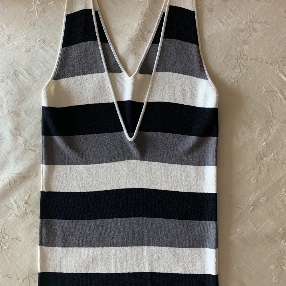 Striped V-Neck Knit Tank Top - Black, White & Gray
